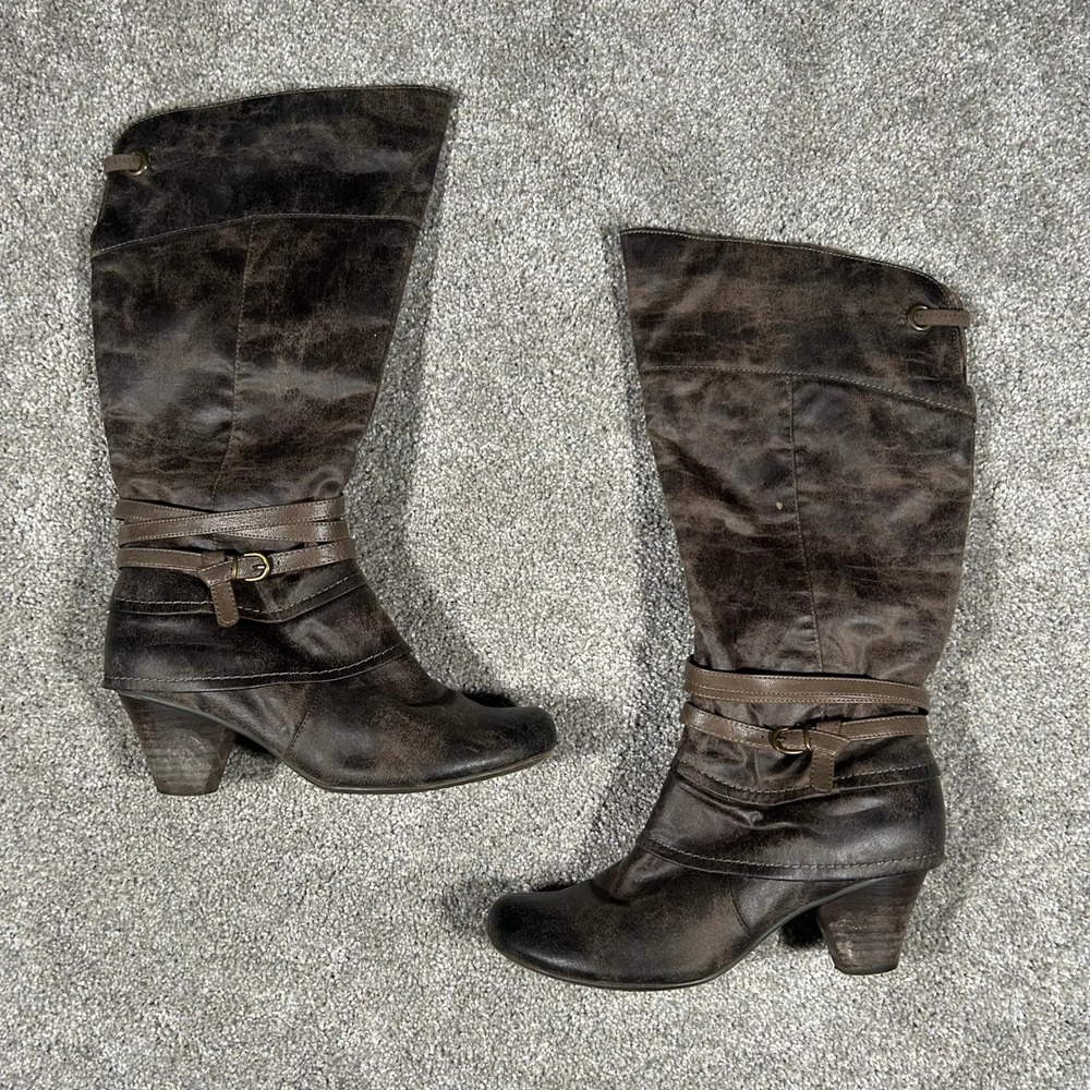 BareTraps Raleigh Brown Distressed Knee High Boots Womens 9M Strappy Buckle Heel